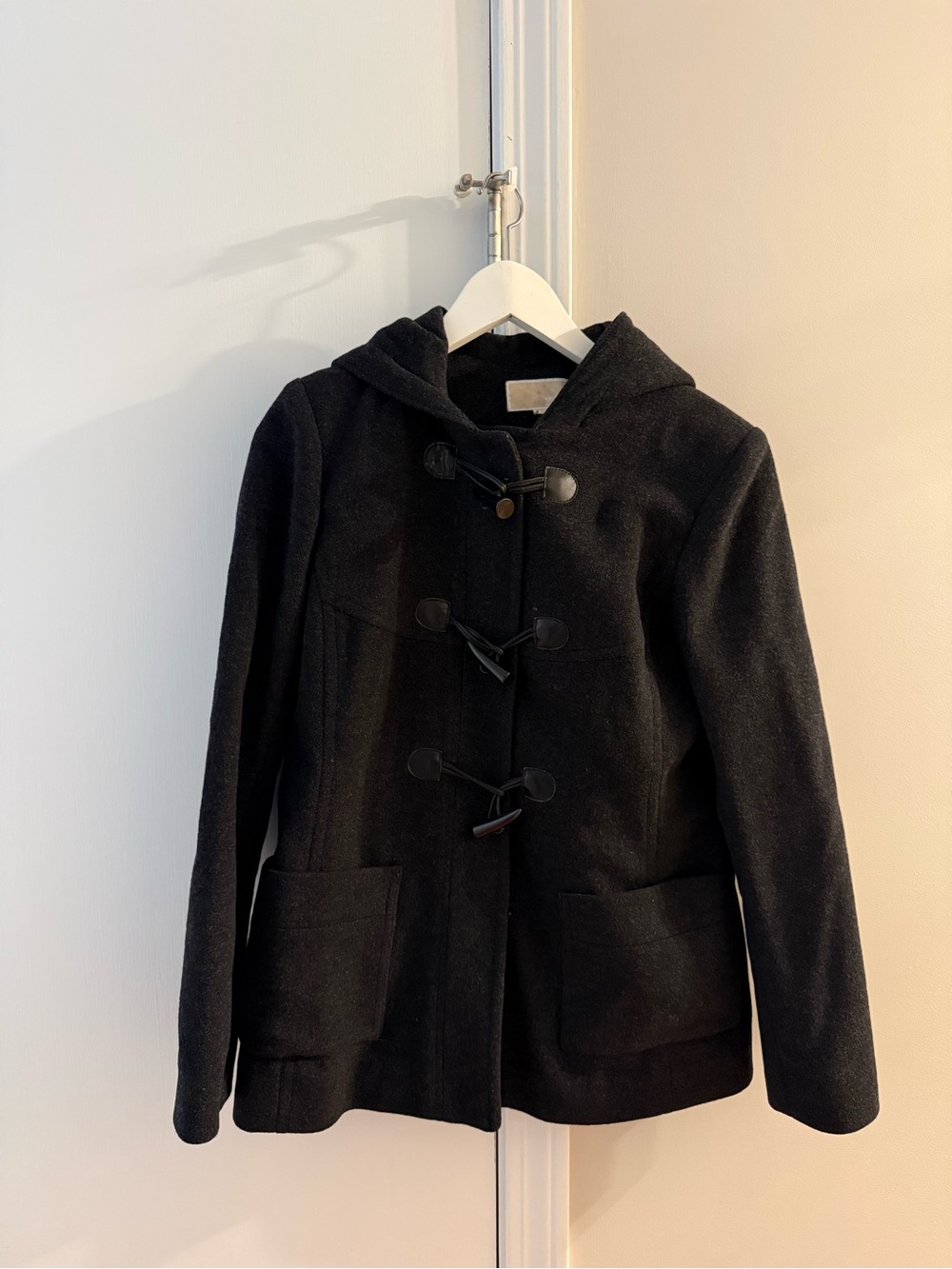 Dark Gray Hooded Toggle Coat - Women’s Classic Wool Jacket